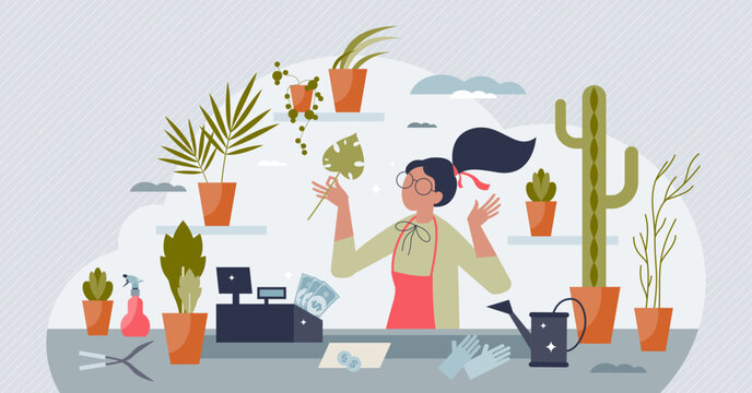 Plant shop as local market business to sell flower pots tiny person concept. Floral decorations growth or botanical florist occupation scene vector illustration. Houseplant cactus cultivation for sale