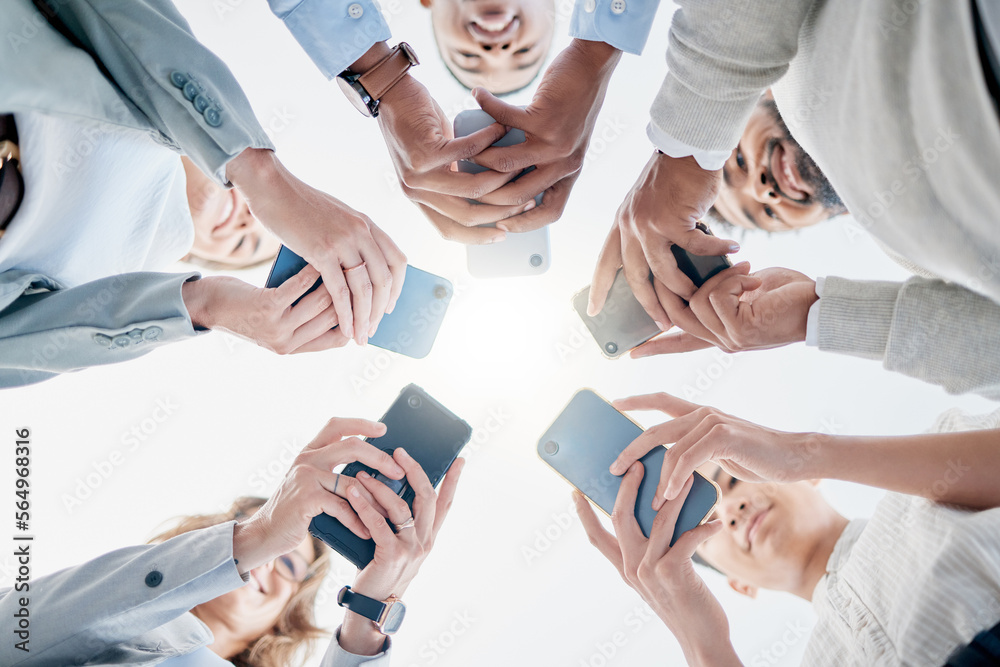 Poster phone in hands, technology and business people, collaboration and communication in team for company.