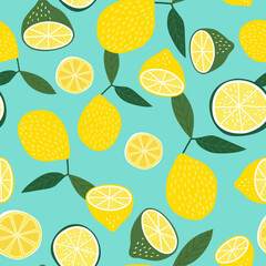  Lemon with leaves. Half Citrus on Turquoise Background. Lemon circle. Lime slice. Seamless Pattern