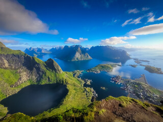 Wide Angle landscape over the Lofoten Islands from the Reinebringen Mountain,  Norway