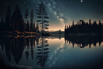  a night scene with a lake and trees with a star filled sky in the background and a full moon in the sky above it, and a reflection of the water.  generative ai