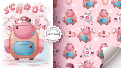 Seamless pattern cartoon character adorable school kitty, pretty animal idea for print t-shirt, poster and kids envelope, postcard. Cute hand drawn stylecat.