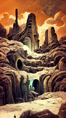 Mystery Cave with Sci-Fi Building. Concept Illustration illustration Generative AI Content by Midjourney