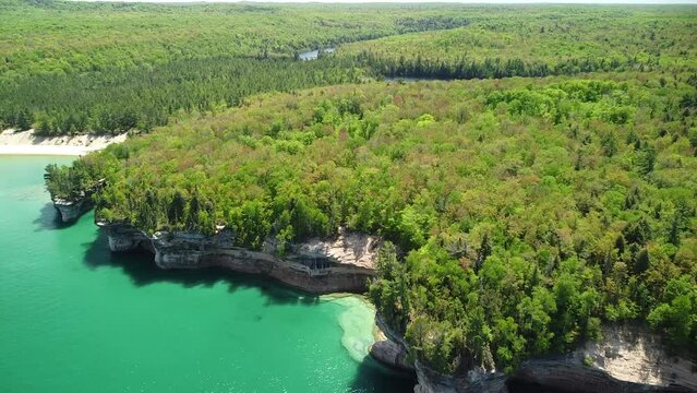 Sandstone Rock Cliff Coast Aerial with Beach, Pictured Rocks National Lakeshore