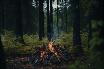  a fire in the middle of a forest with lots of logs and firewood burning in the middle of the forest, with a full moon in the background.  generative ai