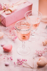Rose sparkling wine, french macarons and box of chocolates for Valentime, mothers day or birthday