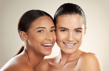 Beauty, diversity or happy portrait of women with natural cosmetics, healthy skincare glow or...
