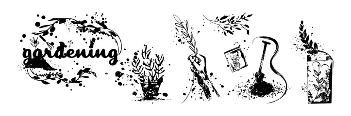 Gardening - Flower and gardening elements - extensive icon collection of outline symbols and vector illustrations. Grasses and plants with hatching and paint splashes. With leaves and organic shapes.