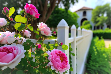 pink flowers in the garden,pink flowers and fence,flowers in the city,flowers in the garden