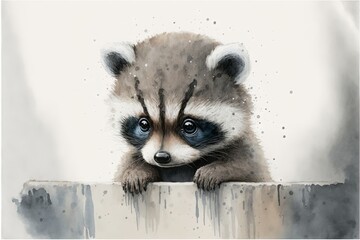  a raccoon is peeking over a fence with its head over the edge of the fence and looking at the camera with a sad look on its face.  generative ai - obrazy, fototapety, plakaty