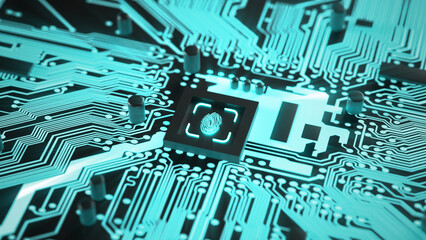 Fingerprint being scanned in front of human face with HUD. User going throug KYC, identity verification