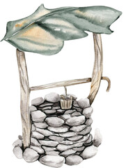 Watercolor stone well with a leaf roof and with a crank handle. Watercolor hand drawn illustration on white background. Perfect for greeting card, poster, wedding invitation, party decor.