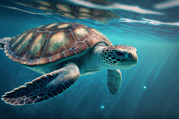 Turtle swimming in the sea water. Blue ocean. Generative AI