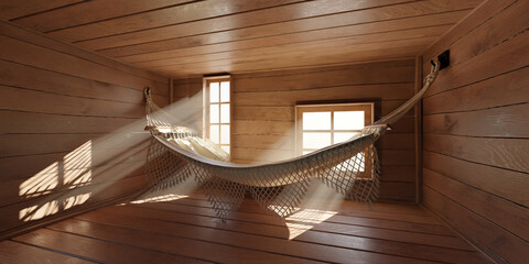 a chamber constructed by joining several wooden panels. The sleeping arrangement and the windows were lit.3D