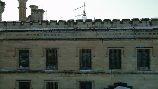 Old prison where it was filmed prison break. Snowy weather and sunny day. Aerial shot.
