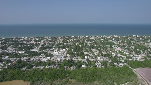 drone view of the fishing town of chelem in yucatan with its mangrove
