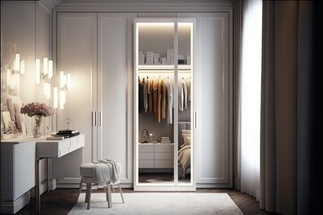  a white closet with a mirror and a dressing table with a stool and a stool in front of it and a mirror on the wall.  generative ai