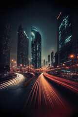 Fototapeta na wymiar Generative AI illustration of long exposure of roadway in center of futuristic megapolis with skyscrapers at night