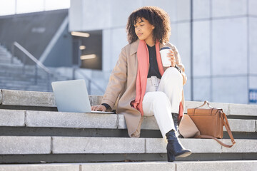 Search, thinking or black woman with laptop in city of London for internet research, communication or networking. Creative, data analysis or remote work on tech for social network, web or blog review