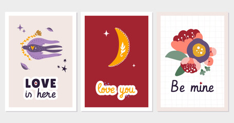 Set of hand drawn vector illustration Valentine's Day posters and cards, stickers. Valentine's day greeting cards design in modern retro vintage groovy
