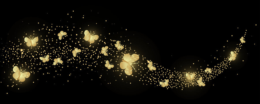Golden confetti shiny glittering wave with butterfly