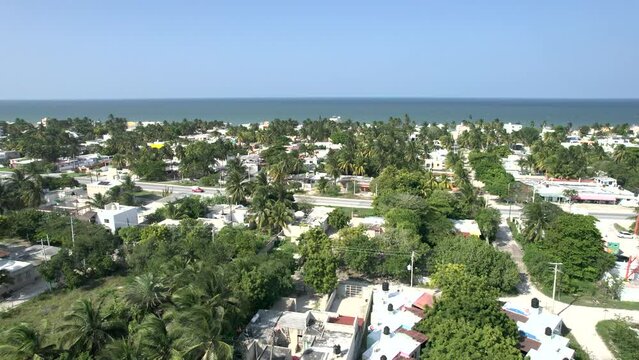 drone shot on the rise of the community of chelem in yucatan mexico