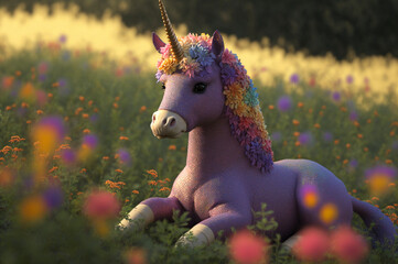 Beautiful stuffed unicorn resting on the floor. Unicorn in dreams flowers. ai generative.
