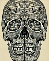 Spooky human skeleton skull, generative ai monochromatic line art illustration
