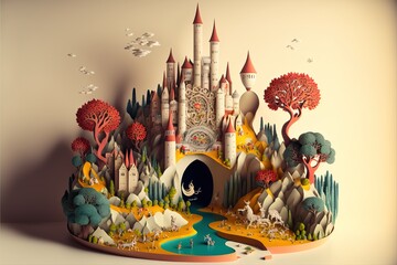 3D paper illustration, fairytale castle with towers. Fantasy world, unusual trees, animals. Palace from a fairy tale. Miniature fairy tale world. Generative AI - obrazy, fototapety, plakaty