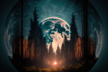  a full moon is seen in the sky above a forest with trees and a bright light in the middle of the picture, with a red light shining through the trees.  generative ai