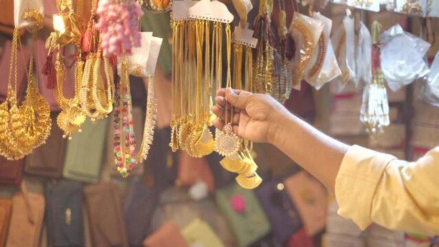 necklaces shop in village closeup view