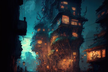 Beautiful house in anime style. Tree grown into the house. Mysterious street with an unusual house. Cartoon haunted house. Cyberpunk, City Painting, Generative AI