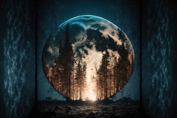 Fototapeta premium a full moon is seen in the middle of a forest with trees in the foreground and a blue sky with clouds in the background. generative ai