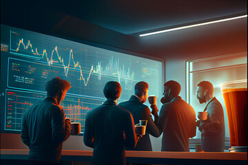 Banking Finance Economy Currency Fund. Stock traders analysing graph screen. Group of financial managers in office. Ai Generated illustration.