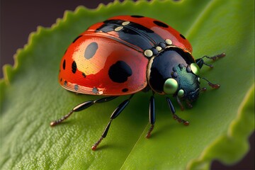 Fototapeta premium a lady bug sitting on top of a green leaf on a plant leaf with a black spot on it's back end and a black spot on the top of the back of the. generative ai