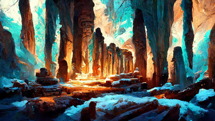 Mayan civilization Snow and ice forest land cave illustration Generative AI Content by Midjourney