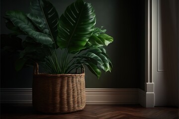  a large green plant in a wicker basket on a wooden floor next to a window with a dark green wall behind it and a wooden floor.  generative ai