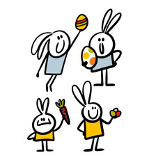 Easter cartoon set of white bunny and rabbits with traditional eggs hunting.