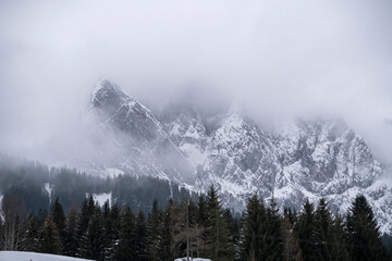 heavy snow clouds hang over the snow-covered mountains and spruce trees