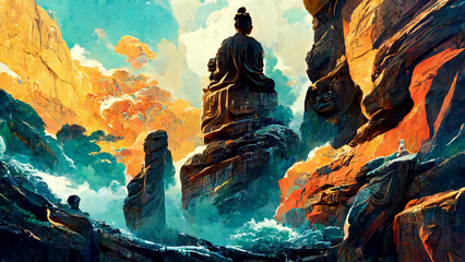 Big Buddha mural on the rock wall illustration Generative AI Content by Midjourney
