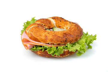 Pretzel bagel with ham and letuce isolated white