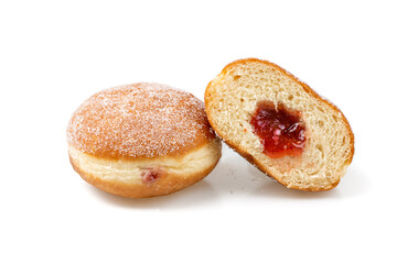 Filled doughnut with red jam isolated