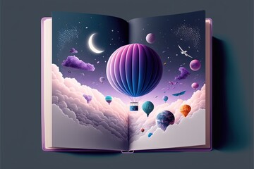 An open book with a colorful picture. Balloons above the clouds, planets and galaxies in the background. Children's colorful picture book in dark blue and dark purple colors. Generative AI