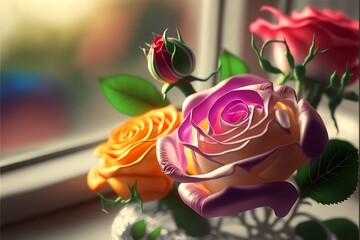 Fototapeta na wymiar Closeup Marco of Elegant Miniature Roses Blossoming Under Sunlight in Nature Forest. Generative AI.