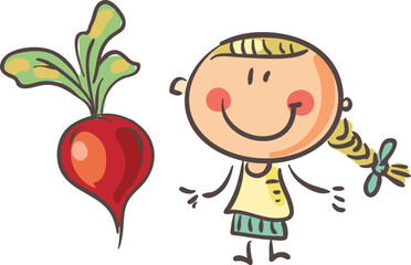 Doodle little girl with beet. Kid and vegetable clipart. Isolated on white background.