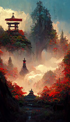 Japanese shrine in the forest illustration Generative AI Content by Midjourney