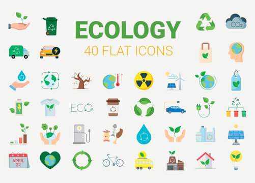 Set of 40 ecology and environment icons. flat style