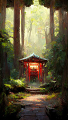 Japanese shrine in the forest illustration Generative AI Content by Midjourney