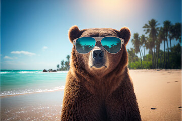 Portrait Bear in sunglasses at the resort. AI generated
