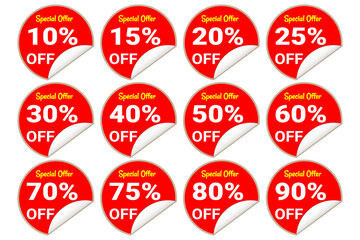 10 to 90% Sale discount tag. Red rounded vector design. Ideal for sale and discount offer promotion. Illustrator EPS 10 File.